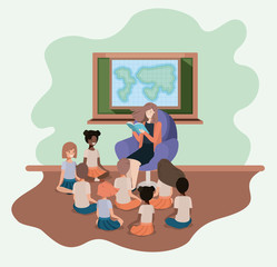 woman reading book in the sofa with kids