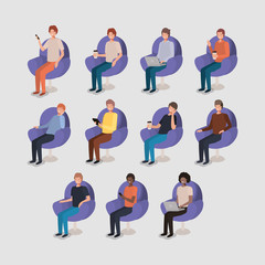 group of men in living room using technology