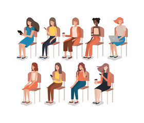 group of women using smartphone sitting in chair