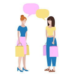 Colorful cute smiling shopping girls with shopping bags talking to each other. Vector illustration