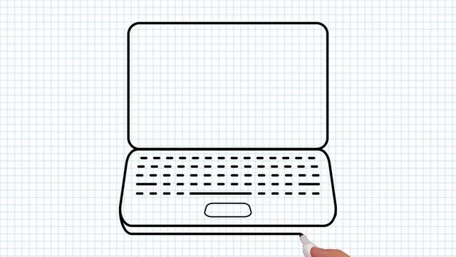 Laptop -– Whiteboard Animation auf kariertem Blatt Papier