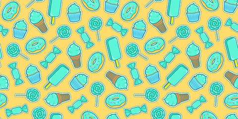 Seamless pattern with colorful patches. Stickers of sweet food: ice cream, candy, donut, cupcake etc on yellow background. Fashion cool patches and stickers. Vector illustration