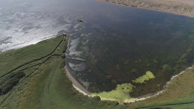 Tracking aerial across the fleet lagoon at the Abbotsbury Swannery. A patch of green surface algae has built up. Amazing reflections and detail below the water's surface