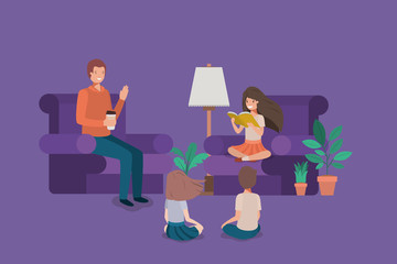 man with kids in the livingroom reading books
