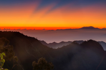 Silhouette Volcanoes mountains in Bromo Tengger Semeru National Park during Sunriset. Java, Indonesia
