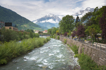 Fototapeta na wymiar Merano, a beautiful town in the Alpine mountains of South Tyrol. A view of the city and the river
