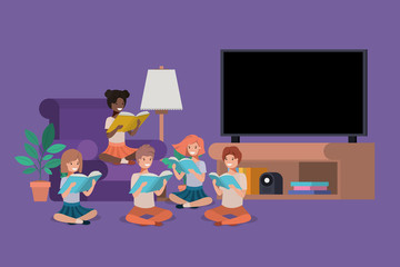 students sitting in the livingroom reading book