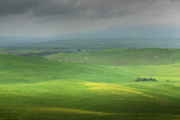 Panoramic view of a spring day in the Italian rural landscape.