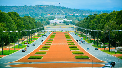 Anzac Boulevard - View from Australian War Memorial, looking toward the Australian Parliament Building in the Far Distance, Canberra, Australia - obrazy, fototapety, plakaty