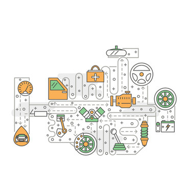 recommend clip art: Vector thin line art car parts poster banner template