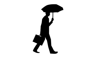Silhouette vector images of men go to the office when it's raining.
