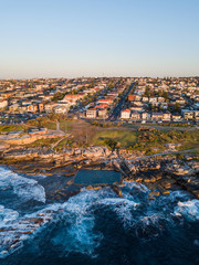 Aerial view of Maroubra coastline and residential districts.