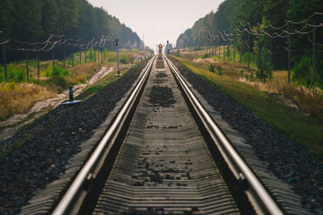 Mystic train travels by rail along forest. Railway traffic light and locomotive on railroad in distance. Mirage on railway track. Atmospheric landscape.