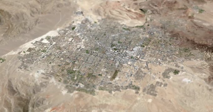 Very high-altitude circular tracking shot of Las Vegas, Nevada with tilt-shift effect. Reversible. Elements of this image furnished by NASA. 