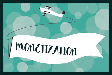 Text sign showing Monetization. Conceptual photo Process of converting establishing something into legal tender.