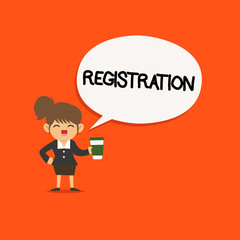 Handwriting text Registration. Concept meaning Action or process of registering or being registered Subscribe.