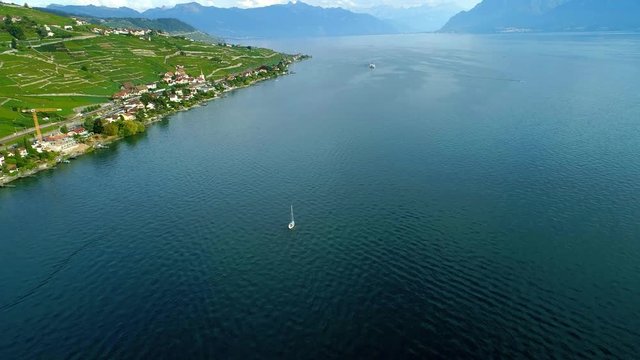 Flying above Lake Leman close to Villette. Overflying sailboat, CGN Belle-Epoque steam boat in the distance
Partly cloudy summer day
Lavaux, Switzerland