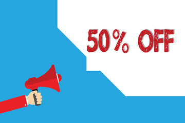Word writing text 50 Off. Business concept for Discount of fifty percent over regular price Promotion Sale Clearance.