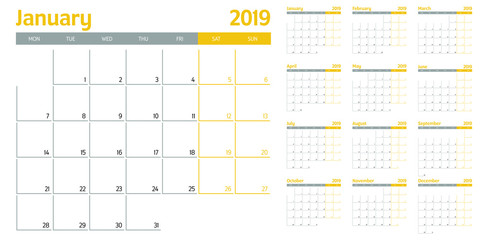 Calendar planner 2019 template vector illustration all 12 months week starts on Monday and indicate weekends on Saturday and Sunday