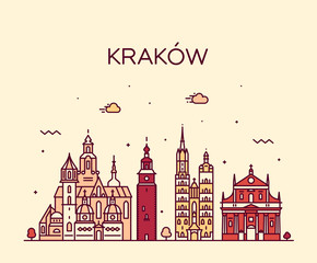 Fototapeta premium Krakow skyline, Poland. Trendy vector linear city