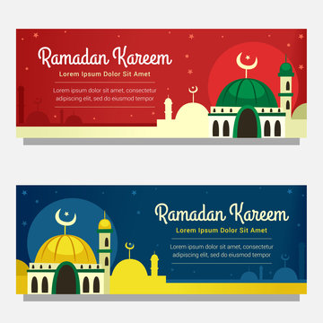 vector ramadan kareem horizontal banner with cartoon hand drawn mosque illustration