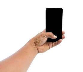 hand holding hand smartphone with blank screen. Isolated on white background and clipping path