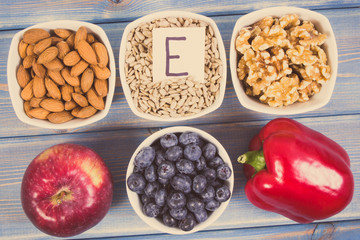 Vintage photo, Natural products or ingredients as source vitamin E, minerals and dietary fiber