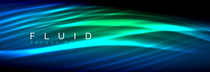 Neon glowing fluid wave lines, magic energy space light concept, abstract background wallpaper design