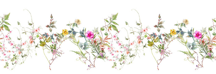Watercolor painting of leaf and flowers, seamless pattern on white background