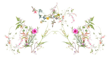 watercolor painting of leaves and flower, on white background