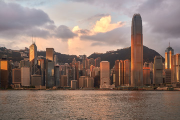 sunrise cityscape in hong kong at victorai habour