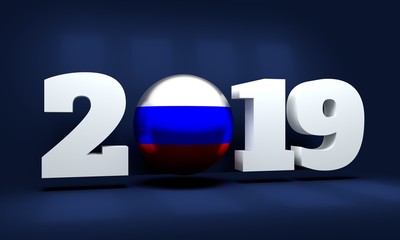 2019 Happy New Year Background for seasonal greetings card or Christmas themed invitations. Flag of the Russia. 3D rendering
