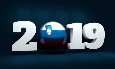 2019 Happy New Year Background for seasonal greetings card or Christmas themed invitations. Flag of the Slovenia. 3D rendering