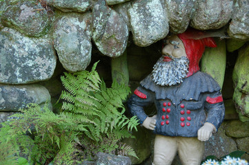 Antique garden gnome among ferns in cave