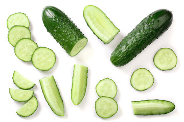 Cucumber slices isolated on white background. Top view. Flat lay pattern. Set or collection