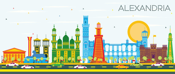 Alexandria Egypt City Skyline with Color Buildings and Blue Sky.