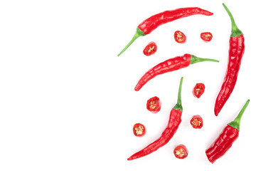 red hot chili peppers isolated on white background. Top view. Flat lay pattern