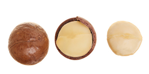 Shelled and unshelled macadamia nuts isolated on white background. Top view. Flat lay pattern
