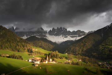 Famous best alpine place of the world, Santa Maddalena village with magical Dolomites mountains in background, Val di Funes valley, Trentino Alto Adige region, Italy, Europe