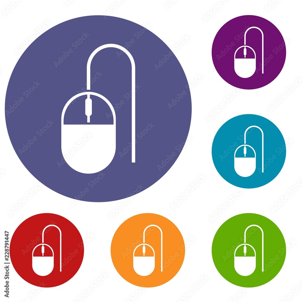 Poster computer mouse icons set in flat circle reb, blue and green color for web