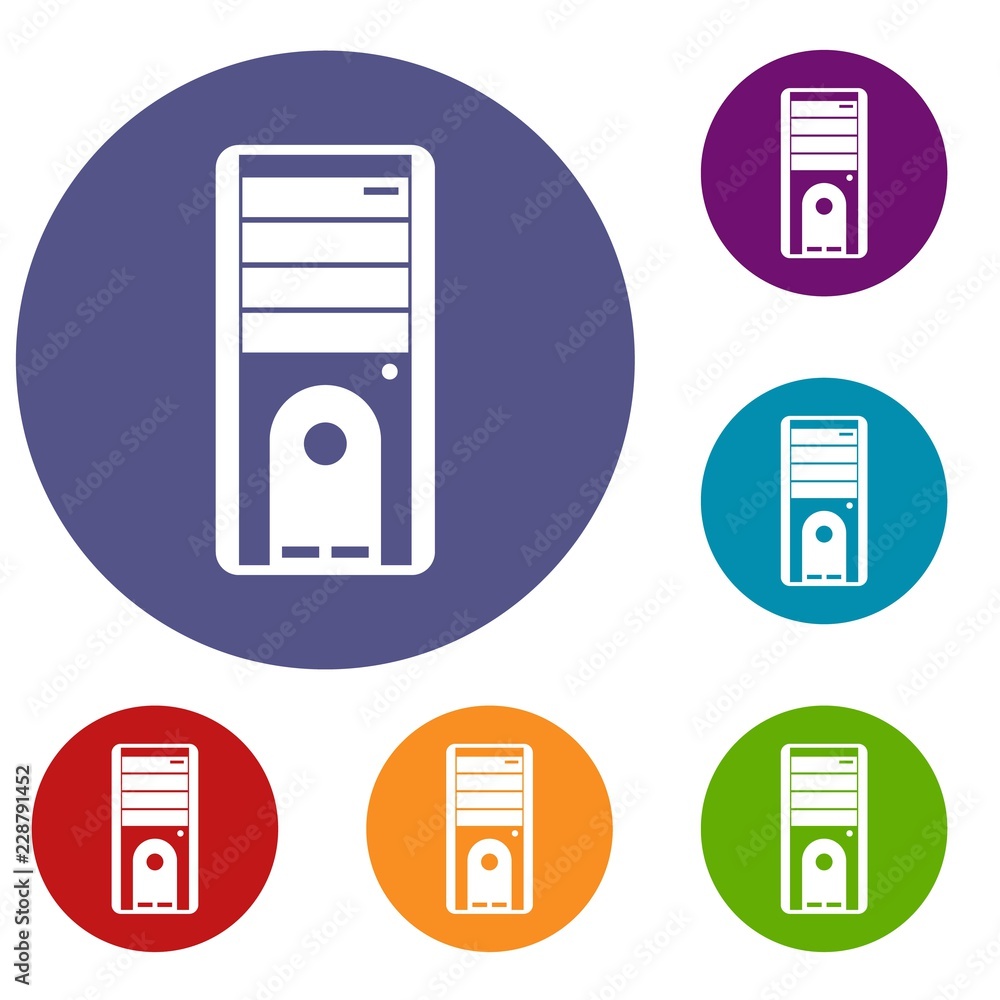 Aufkleber computer system unit icons set in flat circle reb, blue and green color for web