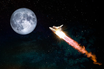Obraz premium Spaceship taking off on a mission to the Moon, conceptual travel to the moon collage. Rocket flying in the space with fool moon. Elements of this image furnished by NASA.