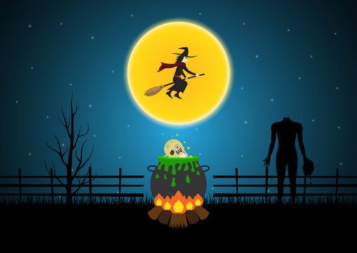 Halloween witch cauldron skull fly witch zombie dead tree vector
