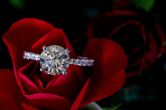 Hearts And Arrow Diamond Ring On Red Rose - Powered by Adobe