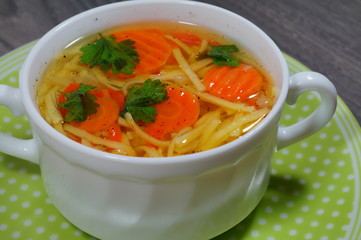Hot traditional chicken soup in a white dish ,served at Christmas dinner
