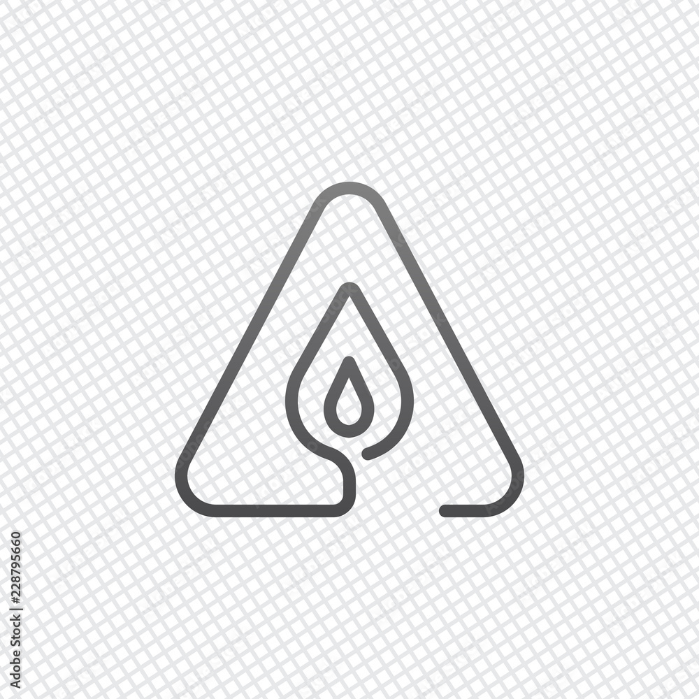 Poster fire flame in warning triangle. linear symbol with thin outline.