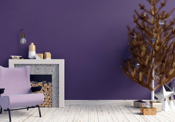 Modern shining Christmas interior with fireplace, Scandinavian style. Wall mock up. 3D illustration © abraca_da