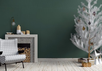 Modern shining Christmas interior with fireplace, Scandinavian style. Wall mock up. 3D illustration