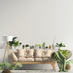 Modern interior with sofa. Wall mock up. 3d illustration.