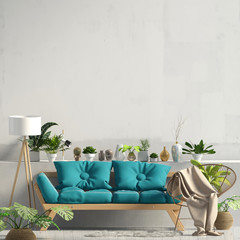Modern interior with sofa. Wall mock up. 3d illustration.